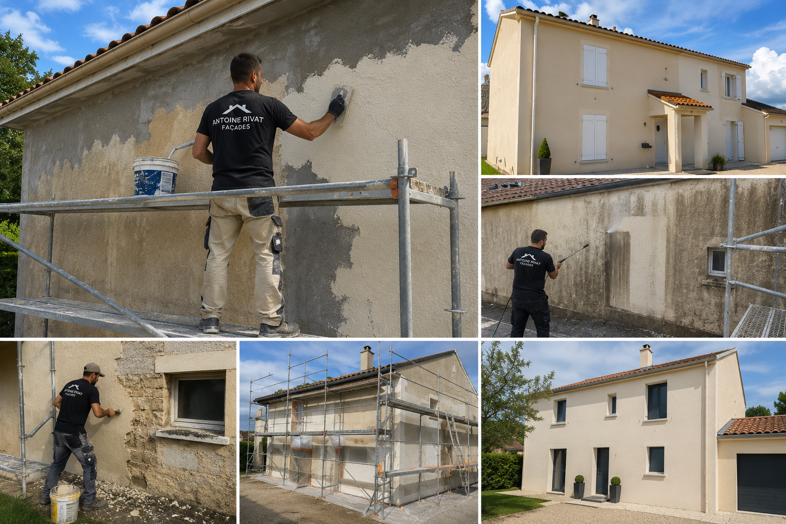 Chantiers de façade d'Antoine Rivat : application d'enduit, nettoyage, échafaudage et façade terminée