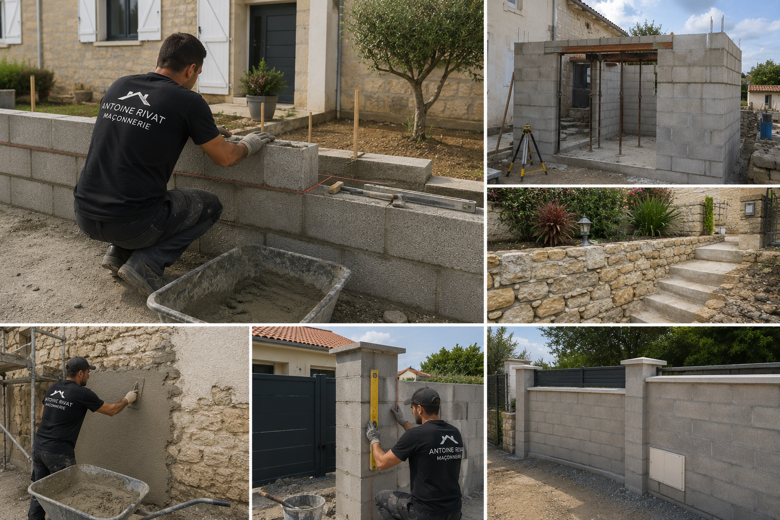 Chantiers de maçonnerie d'Antoine Rivat : mur de clôture, mur en pierre, extension en parpaing et enduit