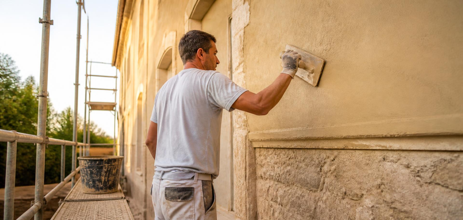Artisan appliquant un enduit sur une façade, illustration du ravalement