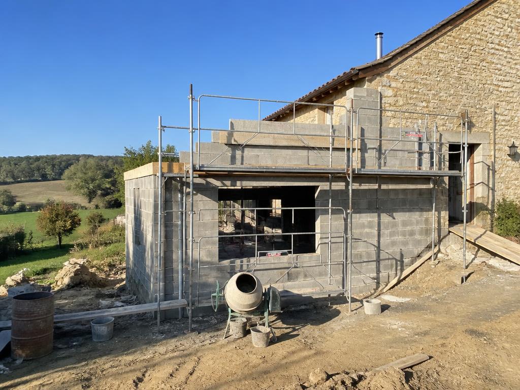 Chantier d'extension de maison en parpaing avec échafaudage