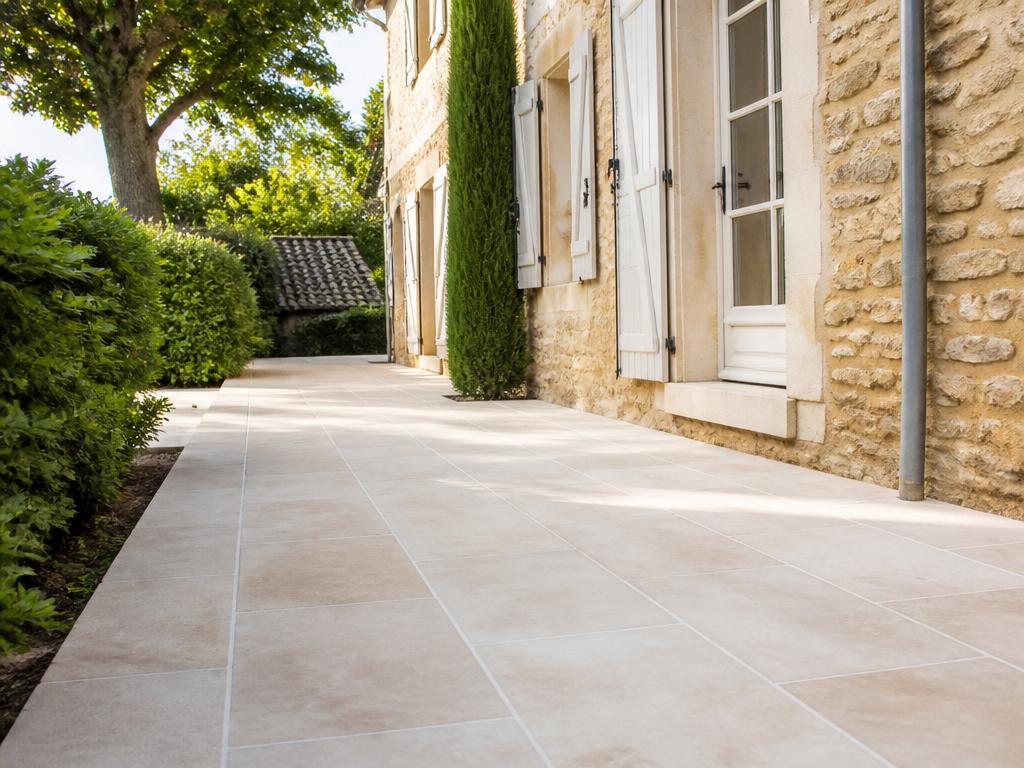 Terrasse en dallage de pierre naturelle le long d'une maison en pierre