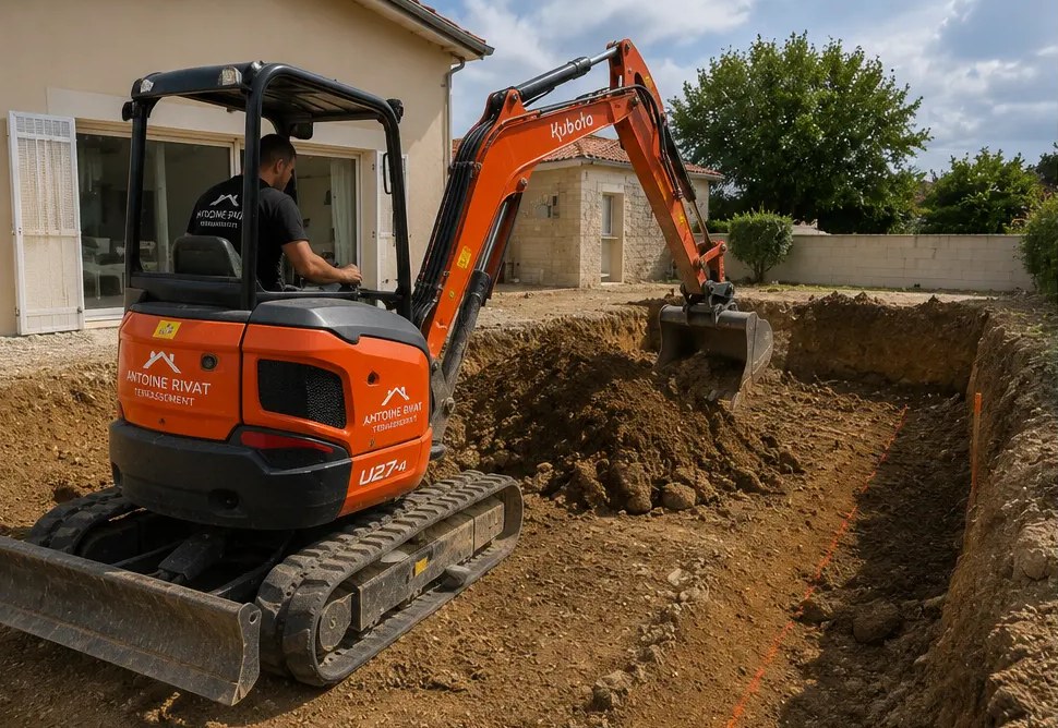 Mini-pelle Kubota creusant une tranchée de fondation dans un jardin