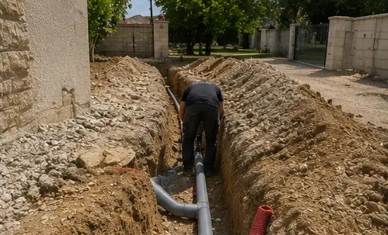 Pose de canalisations au fond d'une tranchée le long d'un mur