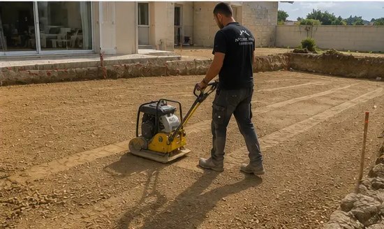Compactage d'une plateforme en grave à la plaque vibrante