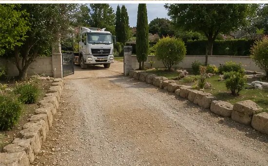 Allée en gravier terminée avec bordure en pierre et camion de livraison